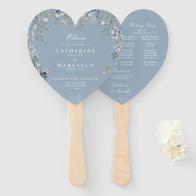 Dusty Blue Floral Cascade Wedding Program Hand Fan (Front and Back)