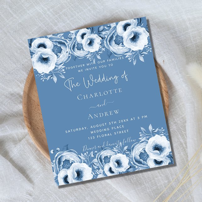 Dusty blue floral chic budget wedding invitation (Creator Uploaded)