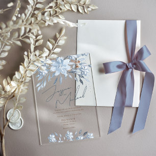 Dusty Blue Floral Chic Script Winter Theme Wedding Acrylic Invitations