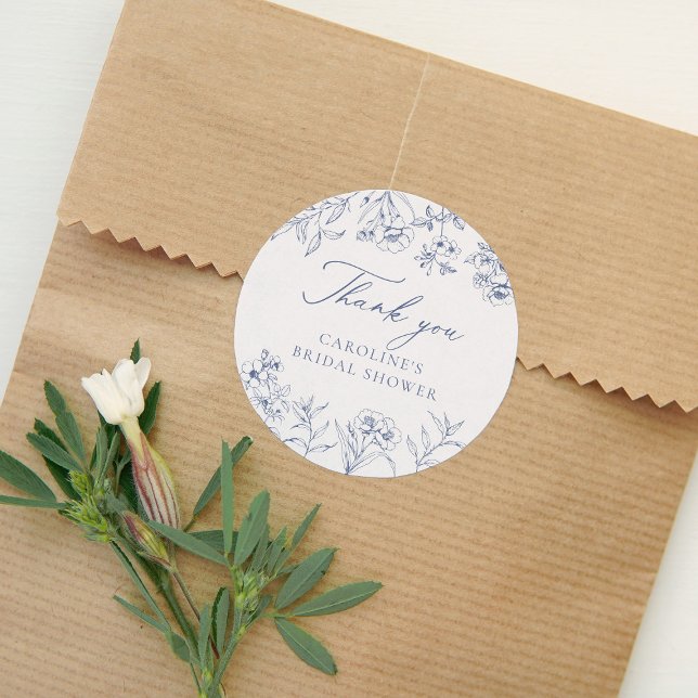 Dusty Blue Floral Chinoiserie Bridal Shower  Classic Round Sticker (Creator Uploaded)