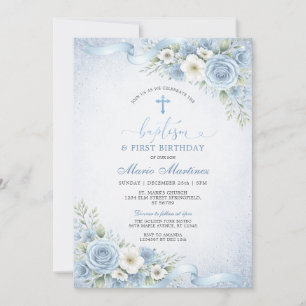 Dusty Blue Floral Christening Boy Baptism Birthday Invitation