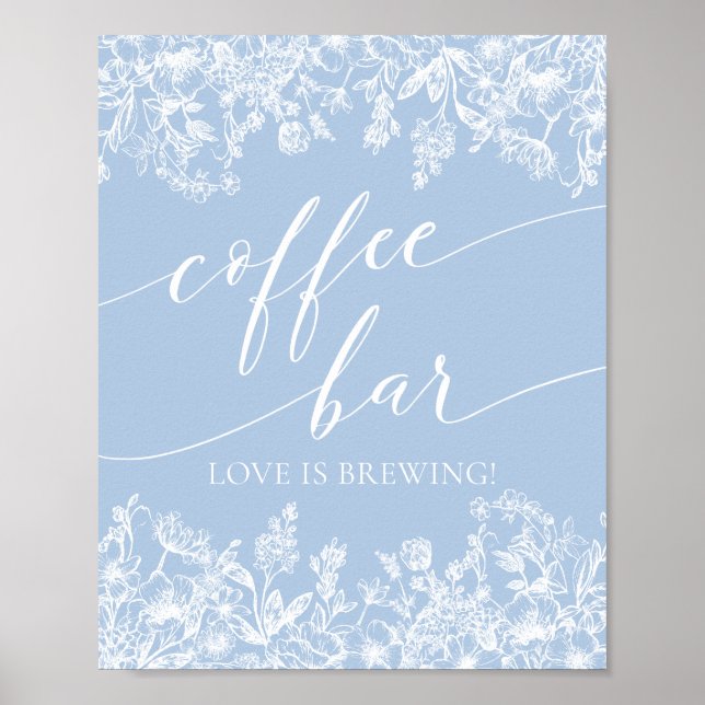 Dusty Blue Floral Coffee Bar Love is Brewing Sign (Front)