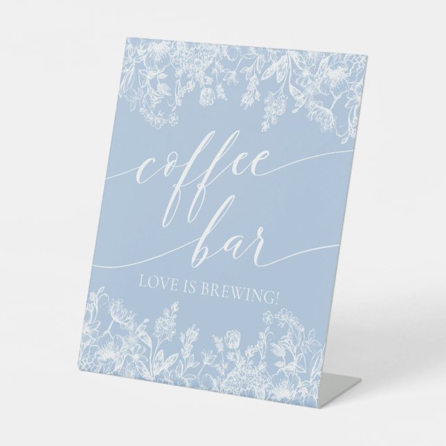 Dusty Blue Floral Coffee Bar Love is Brewing Sign (Front)