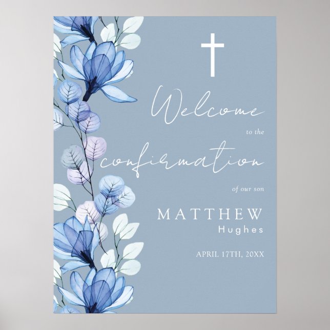 Dusty Blue Floral Confirmation Welcome Sign (Front)