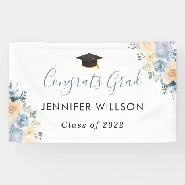 Dusty Blue Floral Congrats Grad Graduation Party Banner (Horizontal)