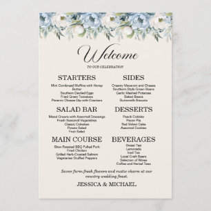 Dusty Blue Floral Country Wedding Reception Menu
