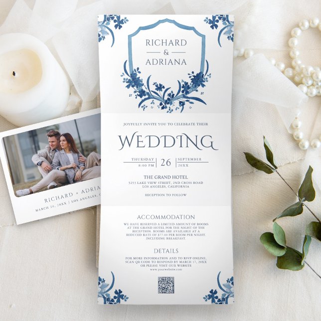 Dusty Blue Floral Crest All in One QR Code Wedding Tri-Fold Invitation (Creator Uploaded)