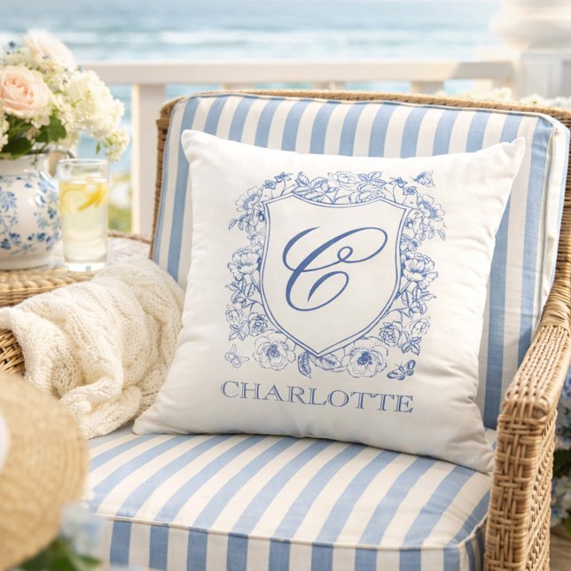 Dusty Blue Floral Crest Monogram Name Cushion (Creator Uploaded)