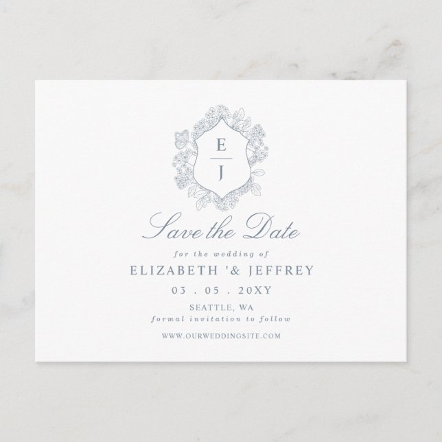 Dusty Blue Floral Crest Monogram Save the Date Announcement Postcard (Front)