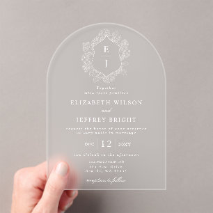 Dusty Blue Floral Crest Monogram Wedding Acrylic Invitations