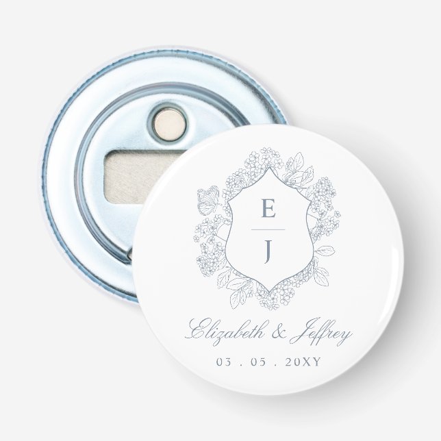 Dusty Blue Floral Crest Monogram Wedding Bottle Opener (Front)