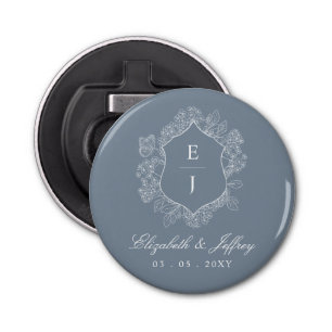 Dusty Blue Floral Crest Monogram Wedding Bottle Opener