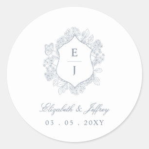 Dusty Blue Floral Crest Monogram Wedding Classic Round Sticker