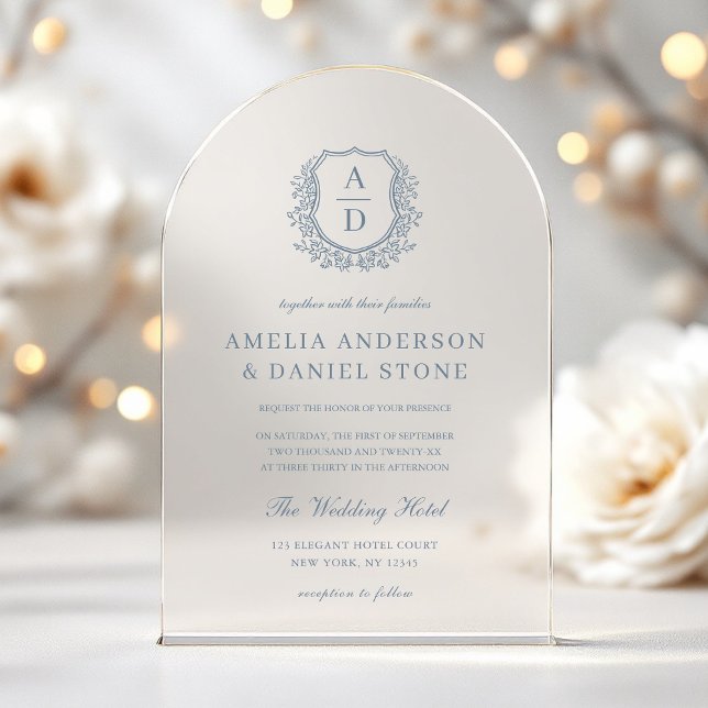 Dusty Blue Floral Crest Monogram Wedding Elegant Acrylic Invitations (Creator Uploaded)