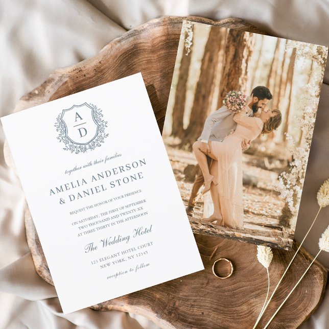 Dusty Blue Floral Crest Monogram Wedding Elegant Invitation (Creator Uploaded)