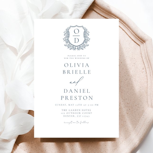 Dusty Blue Floral Crest Monogram Wedding Elegant Invitation (Creator Uploaded)