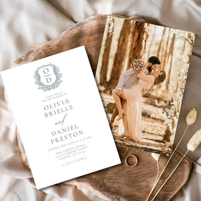 Dusty Blue Floral Crest Monogram Wedding Elegant Invitation (Creator Uploaded)