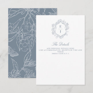 Dusty Blue Floral Crest Monogram Wedding Enclosure Card