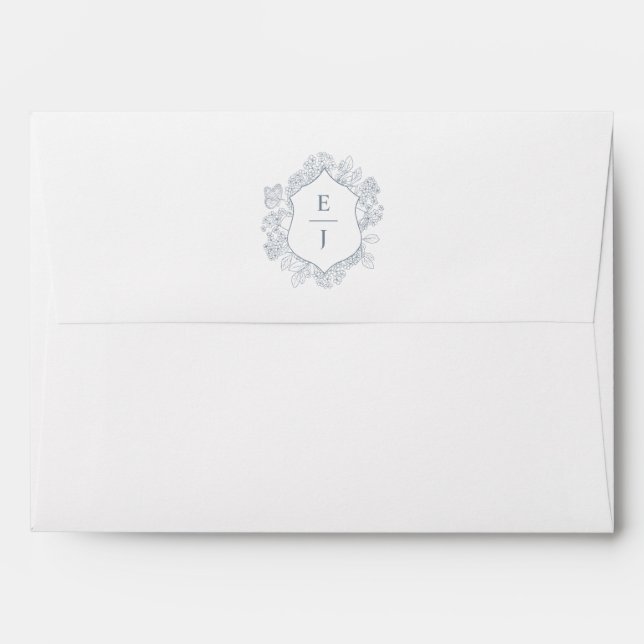 Dusty Blue Floral Crest Monogram Wedding Envelope (Back (Top Flap))