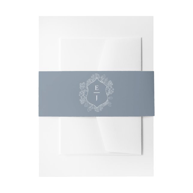 Dusty Blue Floral Crest Monogram Wedding Invitation Belly Band (Front Example)