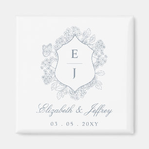 Dusty Blue Floral Crest Monogram Wedding Magnet