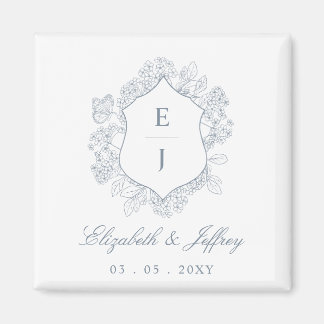 Dusty Blue Floral Crest Monogram Wedding Magnet