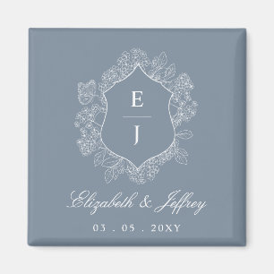 Dusty Blue Floral Crest Monogram Wedding Magnet