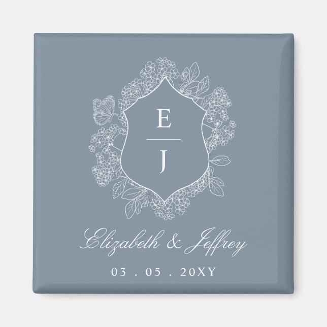 Dusty Blue Floral Crest Monogram Wedding Magnet (Front)