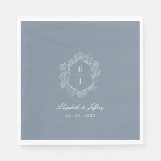 Dusty Blue Floral Crest Monogram Wedding Napkin