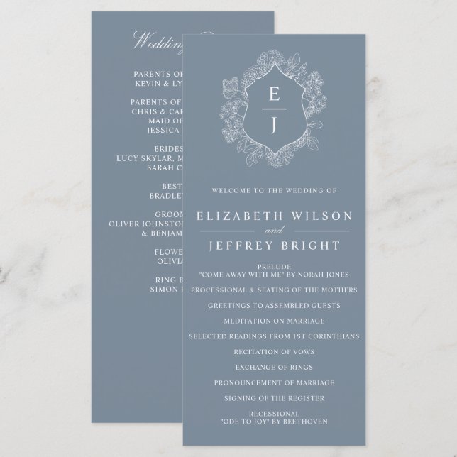 Dusty Blue Floral Crest Monogram Wedding Programme (Front/Back)