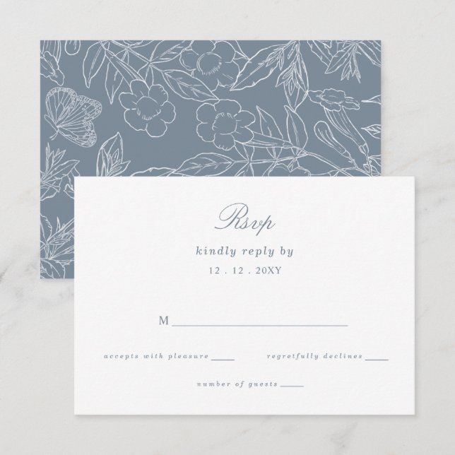Dusty Blue Floral Crest Monogram Wedding RSVP Card (Front/Back)