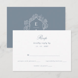 Dusty Blue Floral Crest Monogram Wedding RSVP Card