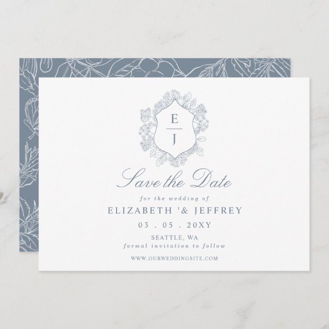 Dusty Blue Floral Crest Monogram Wedding Save The Date (Front/Back)