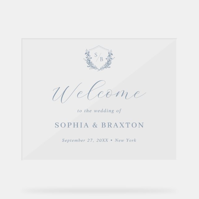 Dusty Blue Floral Crest Monogram Wedding Welcome Acrylic Sign (Front)