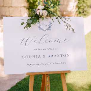 Dusty Blue Floral Crest Monogram Wedding Welcome Poster