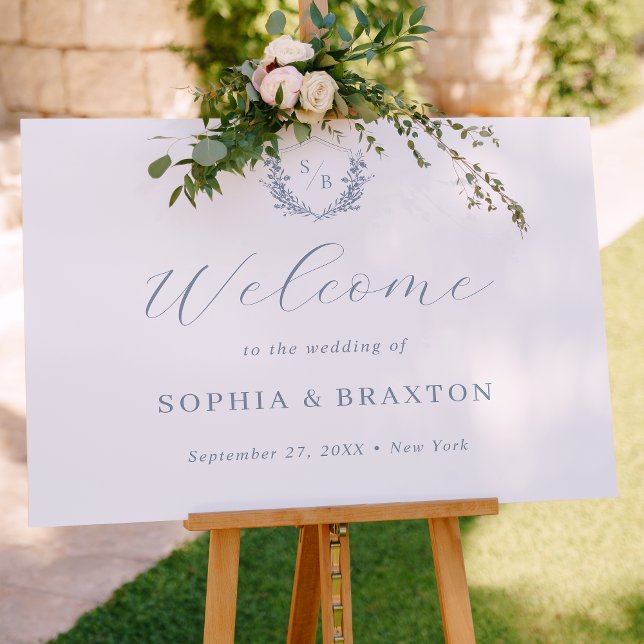 Dusty Blue Floral Crest Monogram Wedding Welcome Poster (Creator Uploaded)