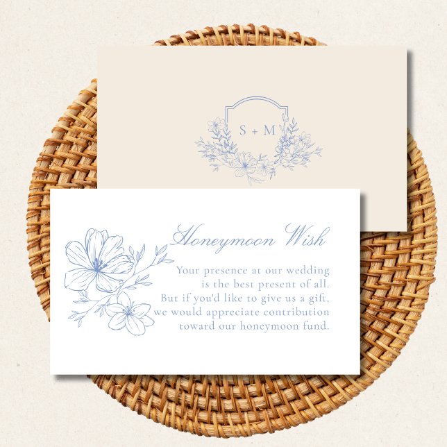 Dusty Blue Floral Crest Monogrammed Honeymoon Wish Enclosure Card (Creator Uploaded)