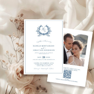 Dusty Blue Floral Crest QR Code Wedding Photo Invitation