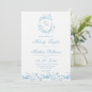 Dusty Blue Floral Crest Royal Calligraphy Wedding Invitation