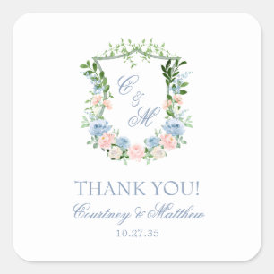 Dusty Blue Floral Crest Thank You Square Sticker