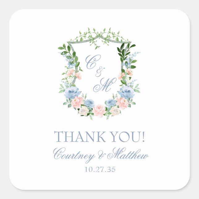 Dusty Blue  Floral Crest Thank You Square Sticker (Front)