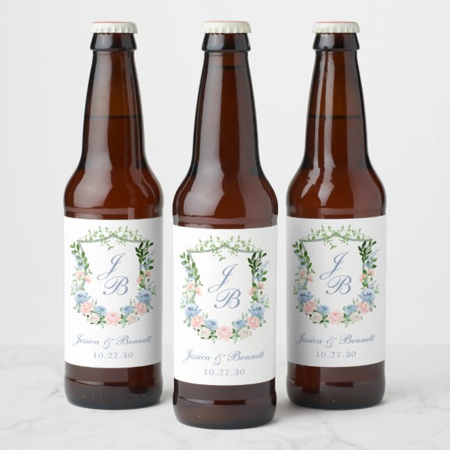 Dusty Blue Floral Crest Wedding Beer Bottle Label (Bottles)