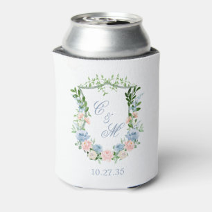 Dusty Blue Floral Crest Wedding Can Cooler