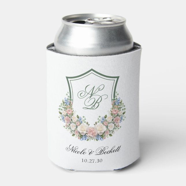 Dusty Blue Floral Crest Wedding Cooler (Can Front)