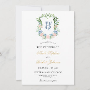Dusty Blue Floral Crest Wedding Invitation