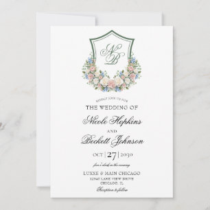 Dusty Blue Floral Crest Wedding Invitation