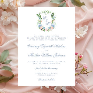 Dusty Blue Floral Crest Wedding Invitation