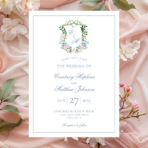 Dusty Blue Floral Crest  Wedding Invitation