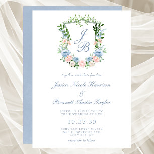 Dusty Blue Floral Crest Wedding Invitation