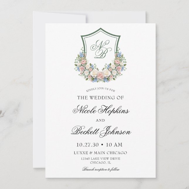 Dusty Blue Floral Crest Wedding Invitation (Front)